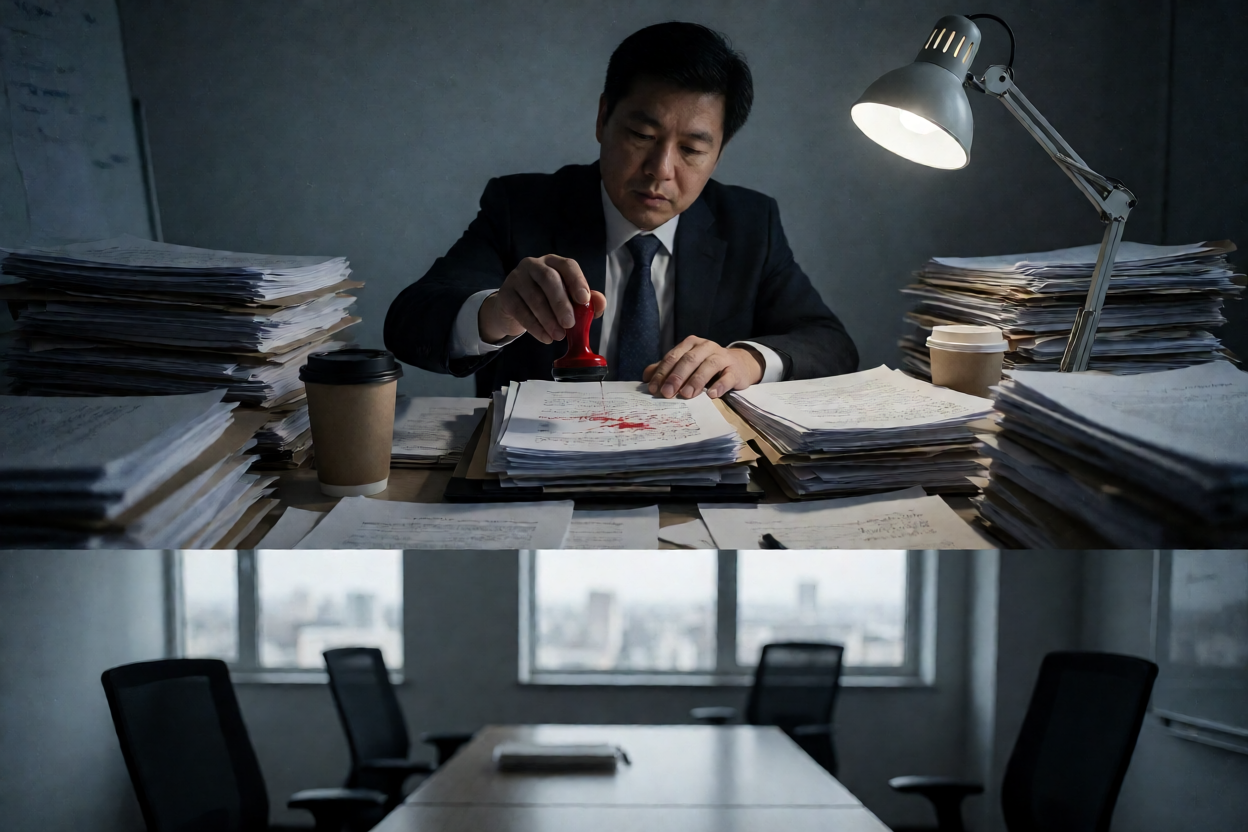 律师在昏暗会议桌上盖章文件